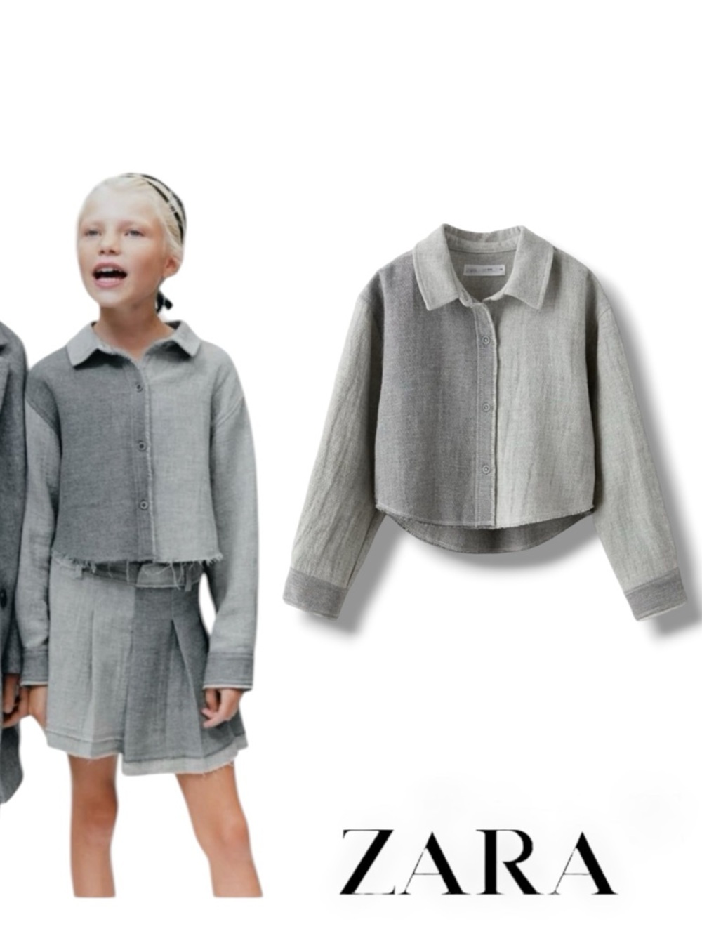 ZARA Kids Light Gray Frayed Cropped Button-Down Shirt NWT Size 10